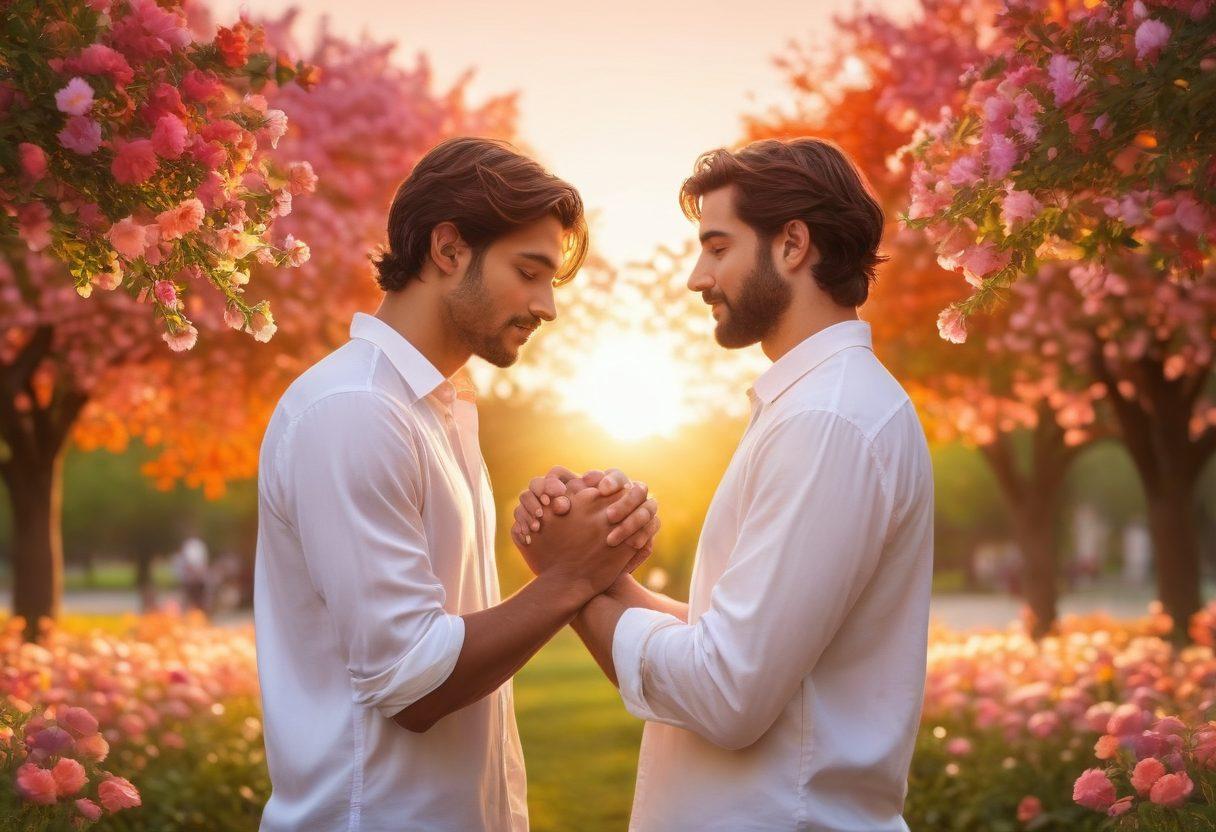 A tender moment between two men who are transitioning from friends to lovers, standing together with intertwined hands in a vibrant, sunlit park. Surround them with blooming flowers and soft, warm colors to symbolize love and unity. The background features a beautiful sunset, highlighting the connection and warmth they share. super-realistic. vibrant colors. soft focus.