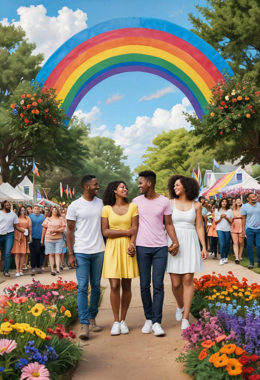 An inviting park scene filled with diverse couples of various identities and ethnicities, holding hands and laughing among colorful flowers and rainbow flags. Soft pastel skies above, symbolizing love and acceptance, with subtle heart shapes hidden in the foliage. The background features a cozy community center celebrating LGBTQ+ art and culture. vibrant colors. super-realistic.