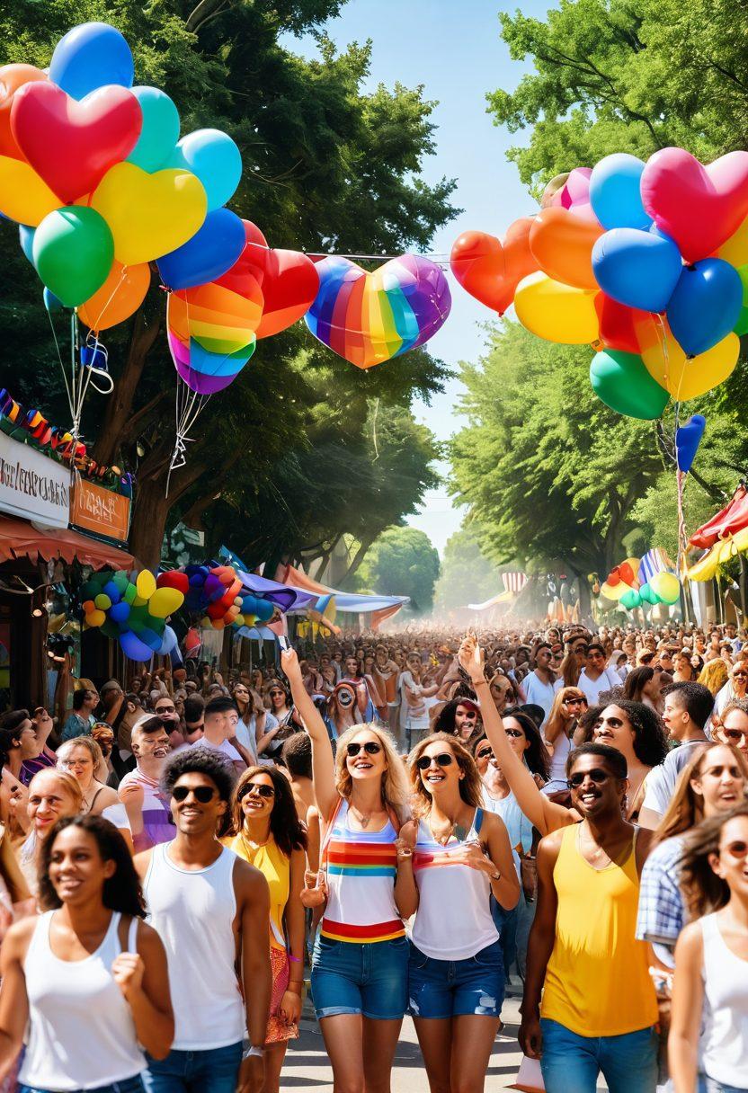 A vibrant street scene during a Pride event featuring a diverse crowd of people celebrating in colorful outfits and holding rainbow flags. Include joyful expressions, balloons, and a backdrop of decorated floats. Symbolic elements like hearts and peace signs should be integrated to convey love and acceptance. Sunlight filtering through trees adds warmth to the atmosphere. super-realistic. vibrant colors. 3D.